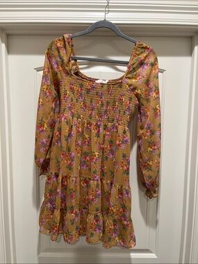 Lush Mustard Floral Smocked Tiered Mini Dress